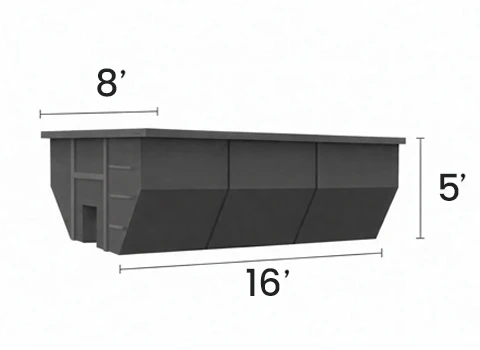 Diagram of the 20 yard roll off dumpster: 16 feet long, 8 feet wide, 5 feet high